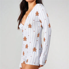 Gingerbread Man Bow Striped Long Sleeve Romper Pajama