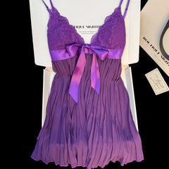 V-neck Bow Cami Pleated Nightdress