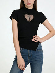 Black Heart Mesh Patchwork Short Sleeve Top