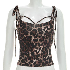Leopard Print Lace-up Strap Top