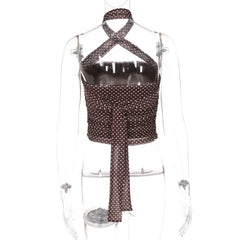 Polka Dot Print Mesh Tube Top with Scarf