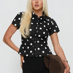 Polka Dot Short Sleeve Lapel Collar Front Button Top