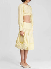 Round Neck Long Sleeve Crop Top And Low Waist Midi A Line Skirt Two Piece Set