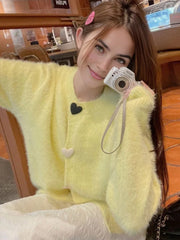 Heart Shaped Button Fuzzy Knit Cardigan