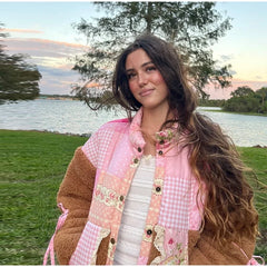 Patchwork Floral Gingham Print Bow Decor Fleece Jacket