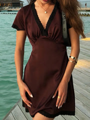 Satin Short Sleeve Bow Back V-Neck Mini Dress