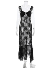 Black Lace Sheer Ruffle Strap Maxi Dress