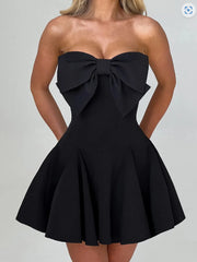 Large Bow Strapless Flare Mini Dress