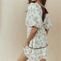 White Floral V Neck Lantern Sleeve Mini Dress