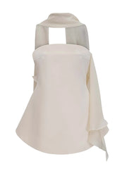 White Strapless Draped Scarf Neck Mini Dress