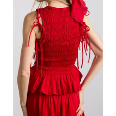 Red Short Puff Tie Up Removable Sleeve Smocked Top