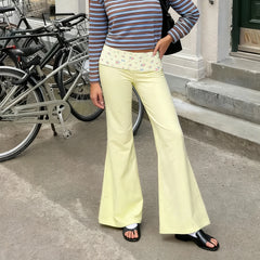 Floral Print Fold Over Waist Wide Straight Leg Trousers