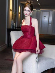 Red Jacquard Puffy Halter Mini Dress