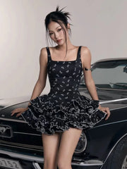 Black Ruffles Bow Printed Mini Dress