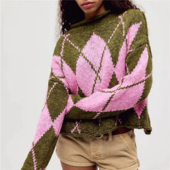 Floral Jacquard Cropped Knit Roll Neck Sweater