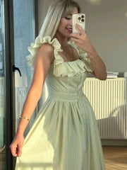 Ruffles Striped Square Collar Buttoned Long Dress