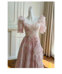 Pink Floral Square Puff Sleeve Flounced Midi Dress