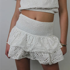 Elastic High Waist Eyelet Tiered Mini Skort