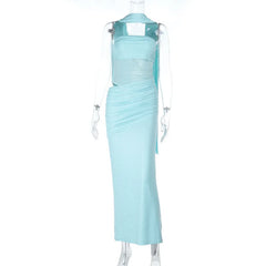 Blue Sparkly Strapless Maxi Dress With Scarf