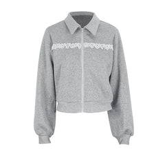 Grey Lace Trim Zipper Sweatshirt