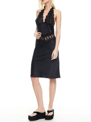 Lace Patchwork Halter Sleeveless Midi Dress