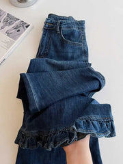 Ruffle Blue Bell Bottom Flare Denim Pants