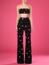 Heart Applique Chain Crop Top And High Waist Pants Set