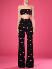 Heart Applique Chain Crop Top And High Waist Pants Set