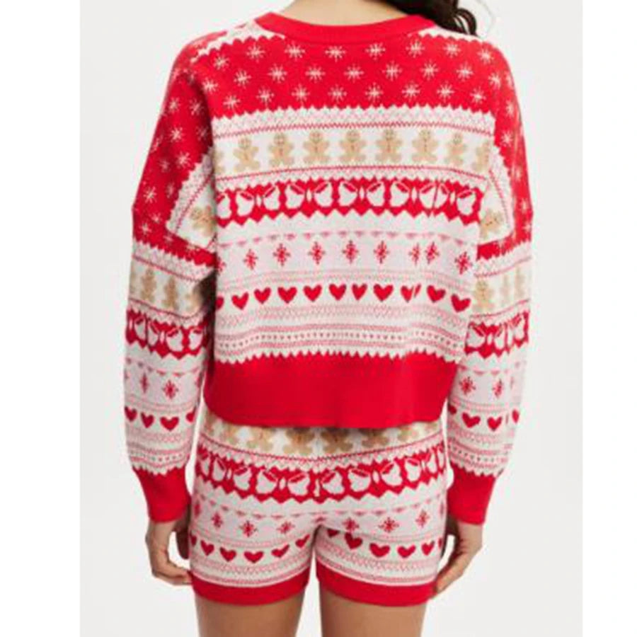 Red and white patterned sweater and shorts set
