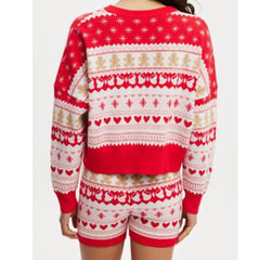 Red and white patterned sweater and shorts set