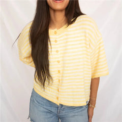 Striped Fuzzy Short Sleeve Round Neck Button Cropped Top