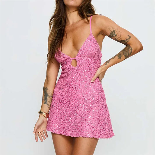 Pink Sequin Keyhole Strappy Mini Dress