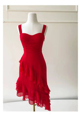 Red Ruffled Sweetheart Neck Strappy Irregular Hem Midi Dress