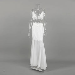 White Satin Lace Trim Bralette And Maxi Skirt Set