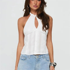 White Halter Neck Button Up Tank Top