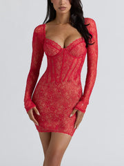 Lace Fishbone Sweetheart-Neck Long Sleeve Mini Dress