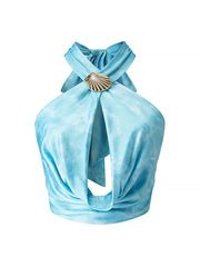 Blue Halter Shell Cowl Crop Top