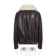 PU Leather Motorcycle Bomber Jacket With Detachable Faux Fur Collar