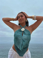 Blue Tie Dye Halter Deep Neck Top