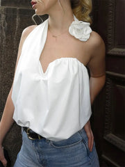 White 3d Floral Off-Shoulder Drape Top