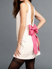 Dot Print Large Bow Open Back Mini Dress