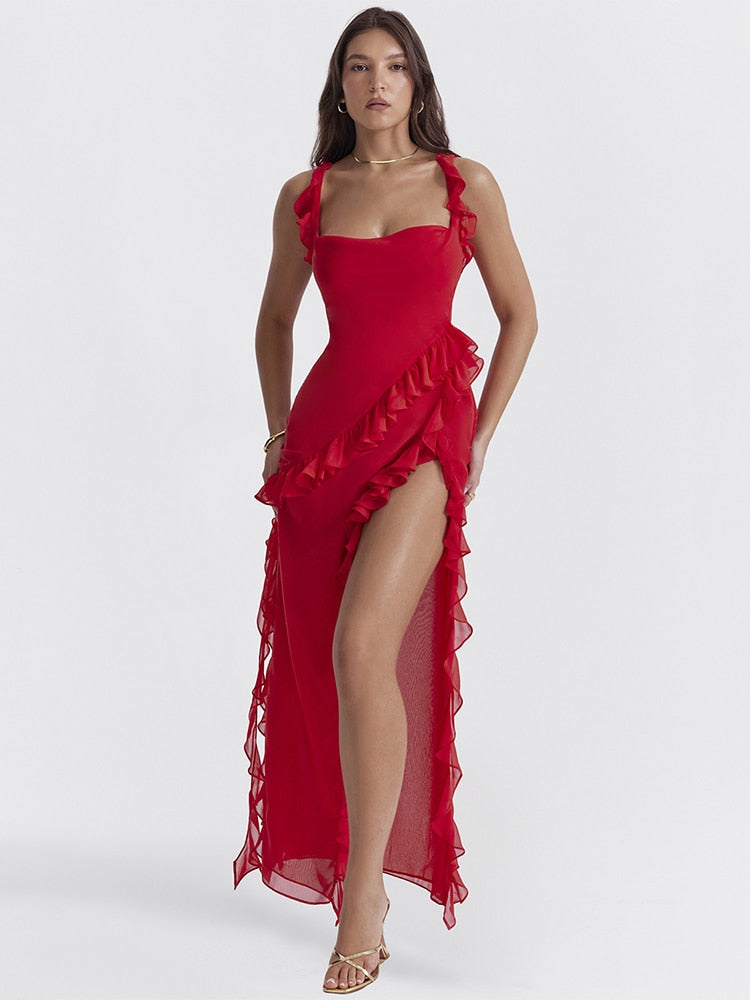 Red Ruffle Split Maxi Dress – Free From Label