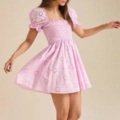 Square Collar Jacquard Puff Sleeve Mini Dress