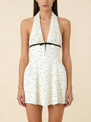White Polka Dot Halter Bow Accent Waist Pleated Bodice Mini Dress