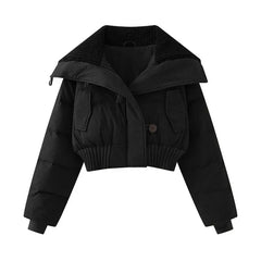 Solid Cropped Collar Button Puff Jacket