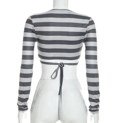 Striped Deep V-Neck Long Sleeve Crop Top