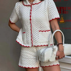 White Knitted Short Sleeve Top And Shorts Set