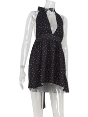 Black Polka Dot V-Neck Sleeveless Mini Dress - Slim Fit