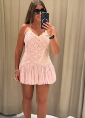 Pink Patchwork Pattern Lace Spaghetti Strap Mini Dress
