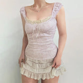 Ribbed Floral Bow Frill Strap Blouse